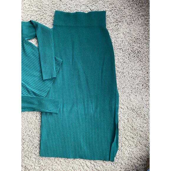 NWT Express Women's Ribbed Knit Midi Pencil Skirt Sweater Set Petrol Green Small - Picture 3 of 11